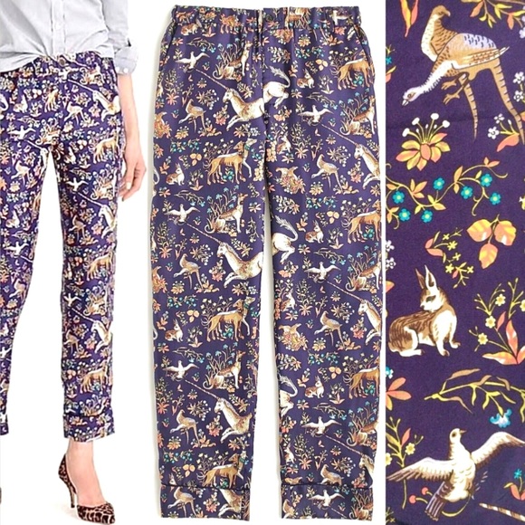 JCREW DRAKES London Trouser Pant Unicorn Dog Rabbit Bird Silk Pajama Navy Blue 0 - Picture 2 of 16